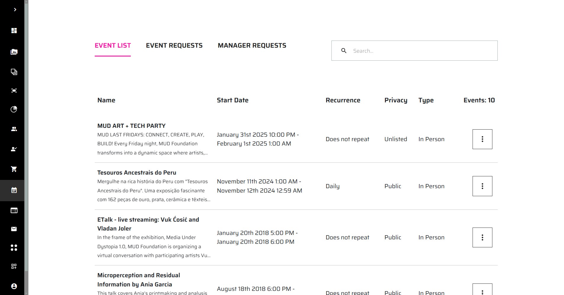 Screenshot Event Management Features