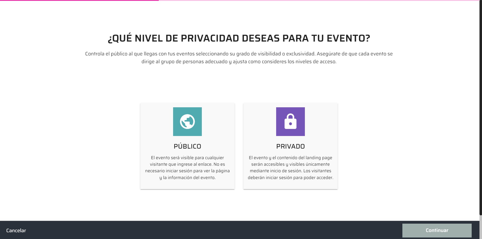 Captura de pantalla de la página de Privacidad del Evento